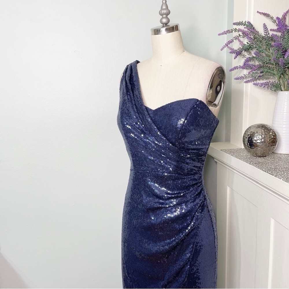 Cache Navy Blue Sequin Formal Gown Maxi Dress with Slit 4 - Picture 4 of 14